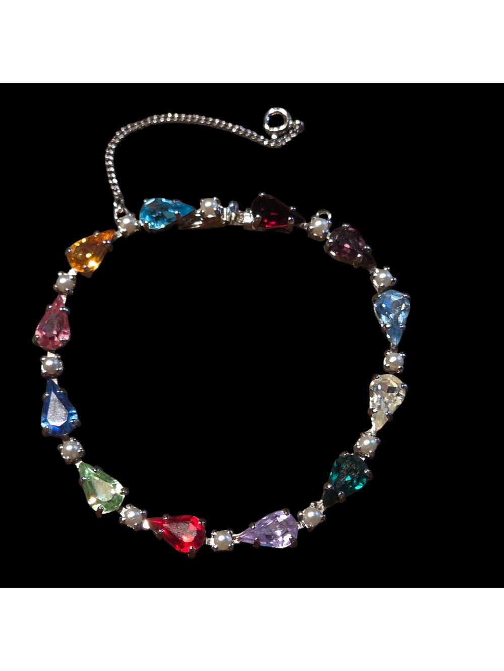 Vtg Signed B DAVID Multi Color Teardrop Rhinestone Faux Pearl Bracelet w/ Chain